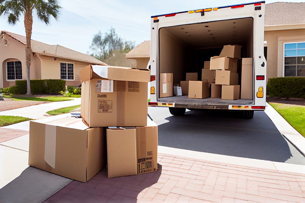 A moving truck from Keypers Storage is parked in front of a house, ready for loading or unloading belongings.
