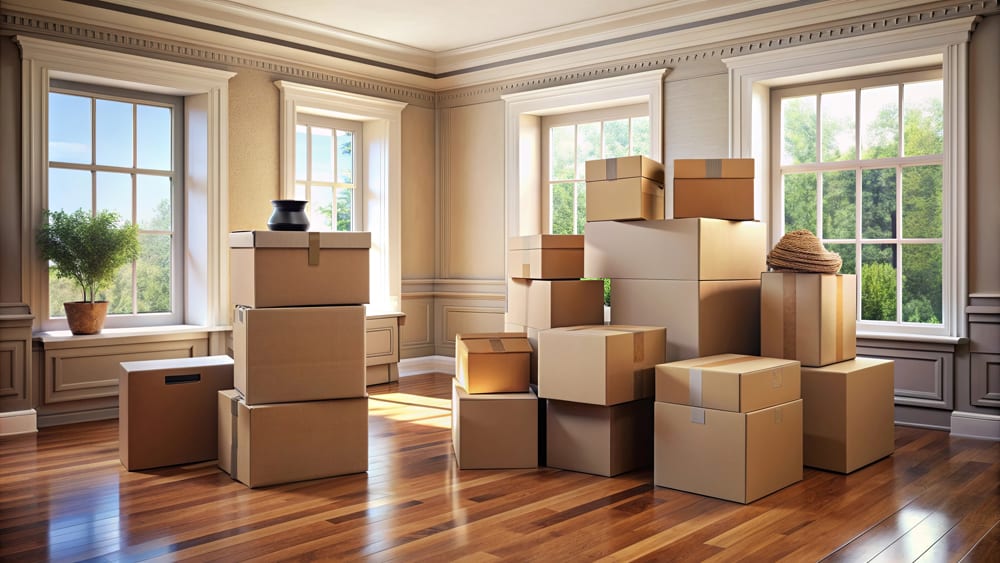 Moving boxes stacked in an empty room, indicating storage at Keypers Storage.